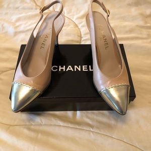 Chanel, dark beige/Gold slingbacks. 38 1/2 or 8 1/2 US.